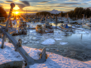 Winter, ice, water, anchor, Kodiak, Alaska