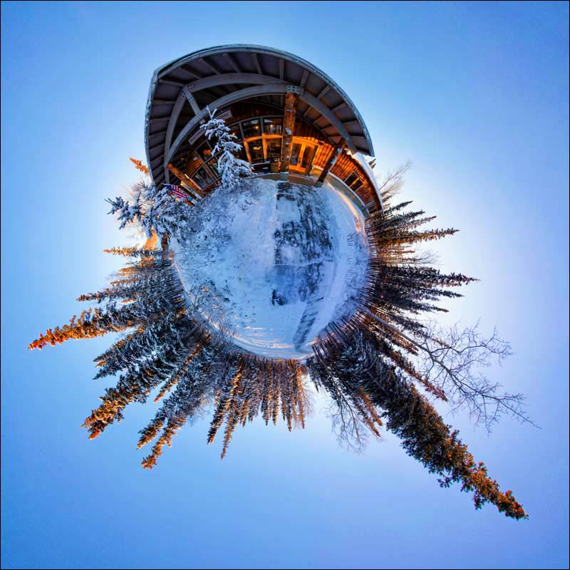 Little Planet view of Denali Park's Winter Visitor Center in Alaska