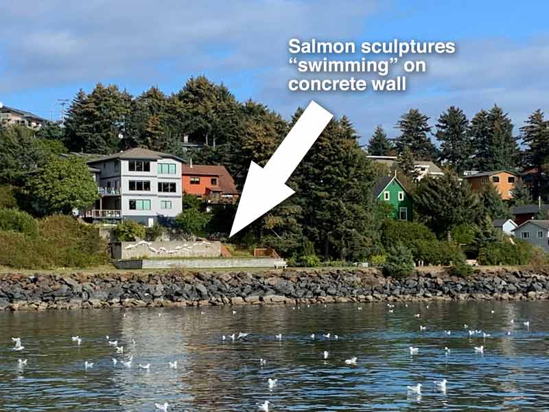 Wide angle shot of salmon art on concrete wall in Kodiak, Alaska