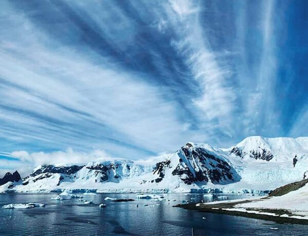 Antarctica mountains and icebergs