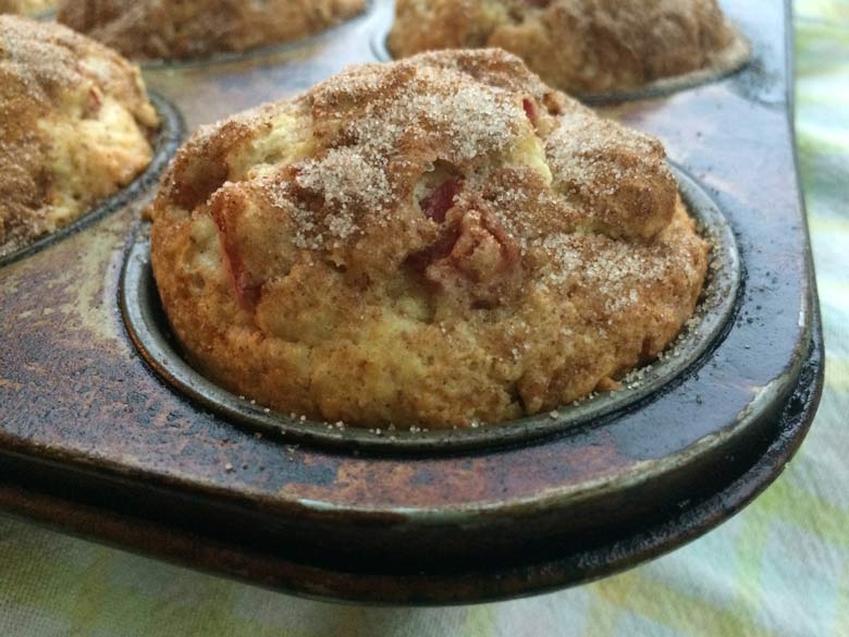 rhubarb muffin made with granola